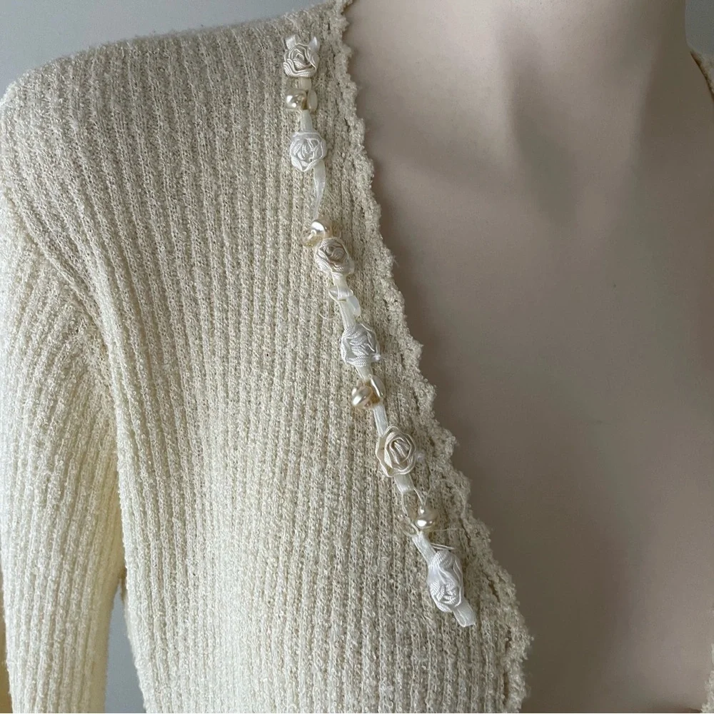 Vintage April Cornell Open Embellished Beaded Faux Pearl Knit Cardigan Granny - Picture 5 of 10